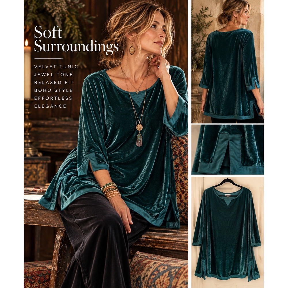Soft Surroundings 2X Teal Velvet Tunic Top Boho Lagenlook Holiday Artsy